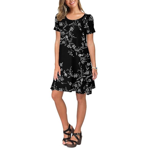 Womens Black Floral Print Short Sleeve Casual A Line Dress With Pockets - Picture 2 of 4